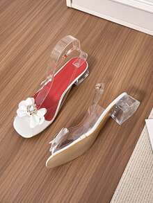 Hot Girl Style Wide Foot Friendly Slimming Effect Plus Size Peep-Toe Transparent PVC Square Toe Buckle Crystal Chunky Heel Sandals Fashionable Versatile Breathable Fairy Shoes - White - View 4