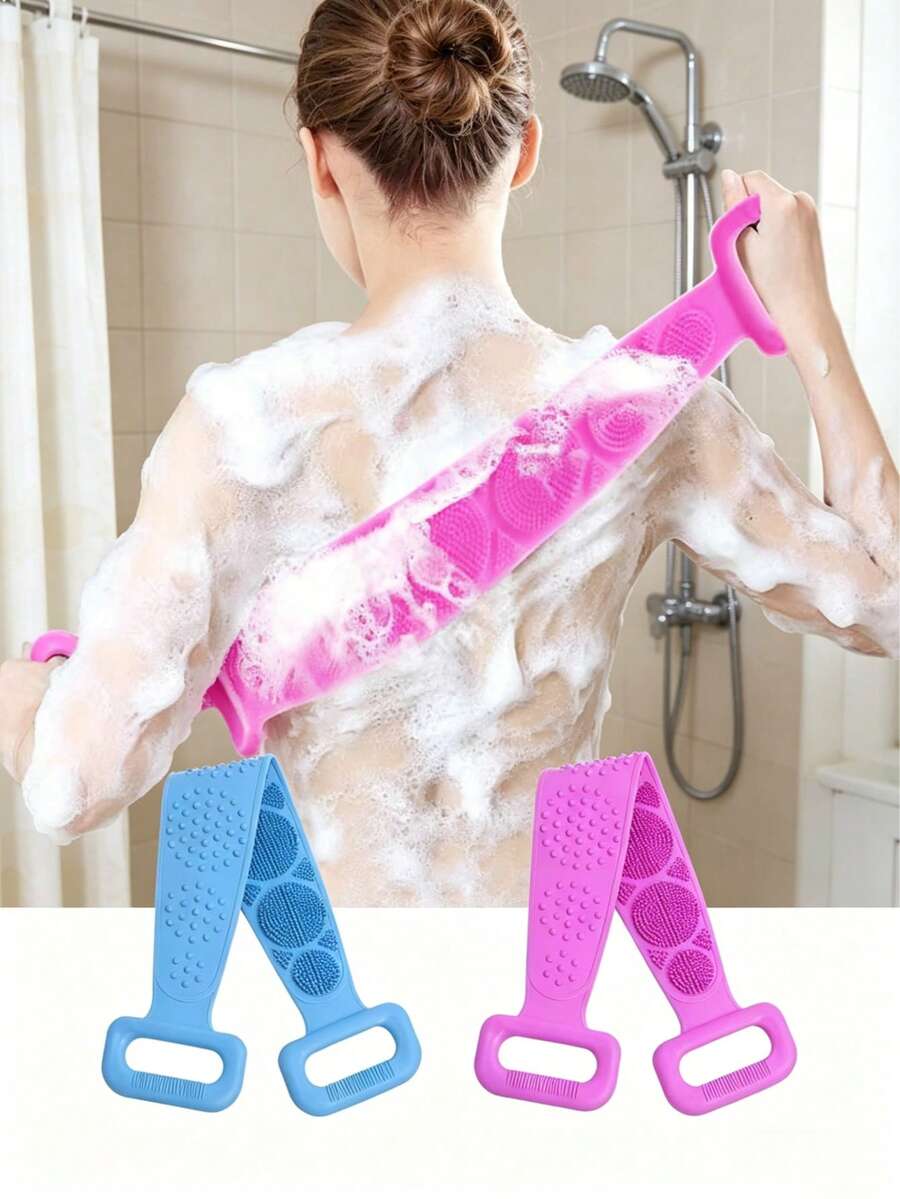 1条装 70x11厘米/27.6x4.33英寸 硅胶背部按摩带，双面去角质身体刷，硅胶沐浴带，现代简约风格，蓝粉色，长款带状设计，符合人体工学手柄，可折叠可拉伸，淋浴时深层清洁，背部去角质，去除死皮 - A - 查看 1