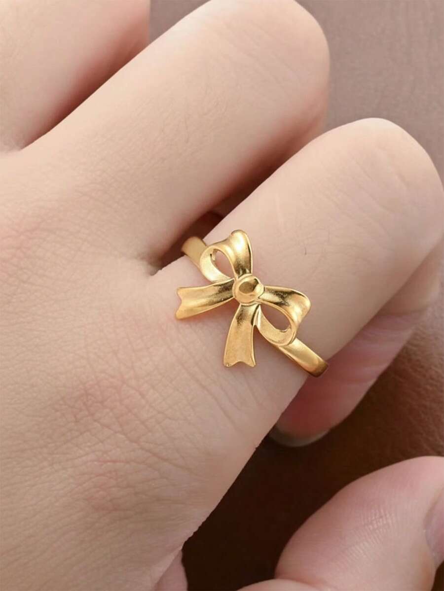 1枚不锈钢蝴蝶结戒指,女性化风格,金色,适合女士日常穿搭或节日礼物 - Ring - 查看 1