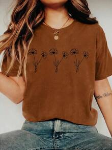 Casual Floral Print Plus Size Tee Short Sleeve Round Neck Knitted Fabric Top For Fall Everyday Wear, Bohemian Style,Only One Short-Sleeve Shirt - 駝色一件裝-3 - 查看 1