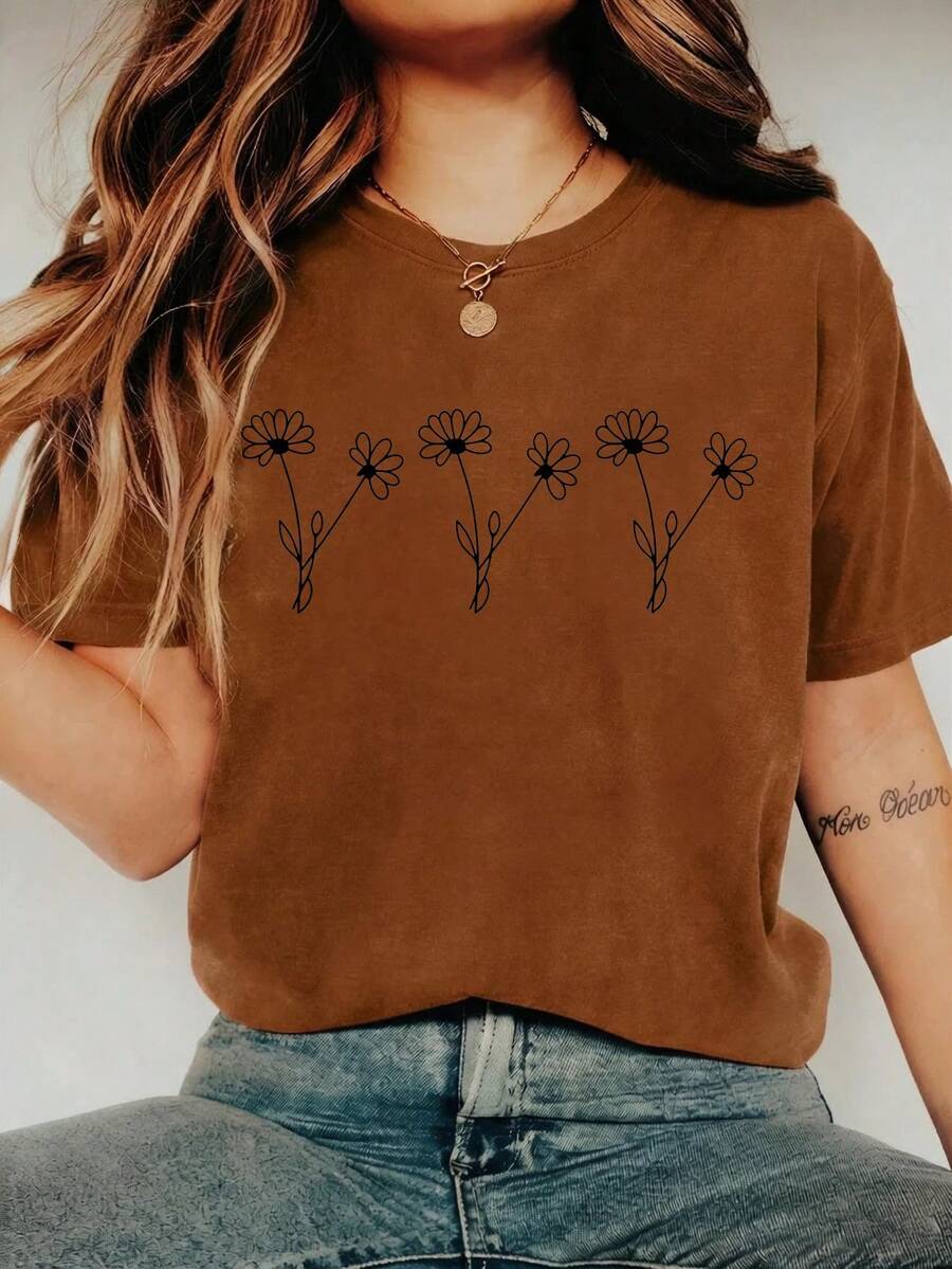 Casual Floral Print Plus Size Tee Short Sleeve Round Neck Knitted Fabric Top For Fall Everyday Wear, Bohemian Style,Only One Short-Sleeve Shirt - 駝色一件裝-3 - 查看 1