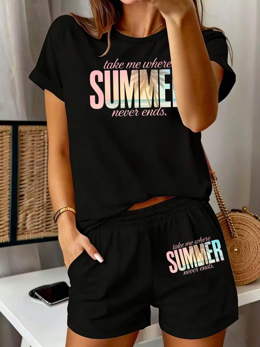 1pcs2pcs/Summer Endless, Tropical Style Women's Summer Fashion Versatile Refreshing Printed Design Round Neck Short Sleeve Shorts Set With Pockets Casual Outfit Soft Summer Outfits For Women Two Piece Set Women - màu đen - Xem 1