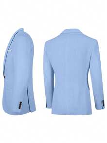 Men's 3-Piece Linen Elegant Suit, Solid Color Slim Fit Business Single-Breasted Wedding Jacket Vest Pants Set, Old Money Style, Suitable For Balls And Parties - Baby Blue - View 3
