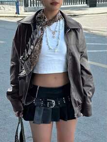 Edgy Biker Casual Loose Long Sleeve Leather Jacket For Women, Autumn/Winter Fall Cloth For Women - Xám - Xem 4