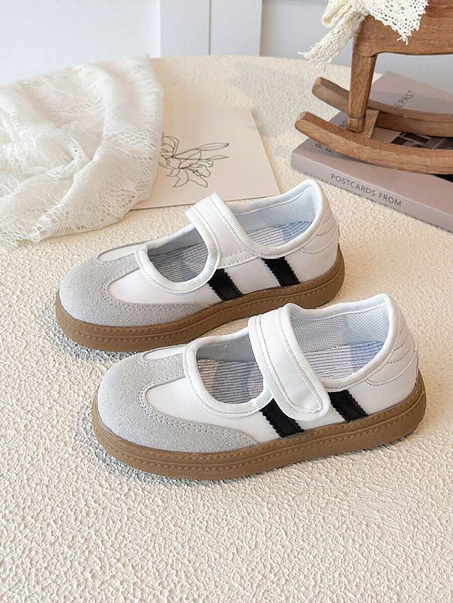 Kids Retro Striped Mary Jane Shoes, Girls' Soft Bottom Breathable Casual Shoes, Toddlers' Anti-Kick Anti-Slip Sports Sneakers - White - View 1