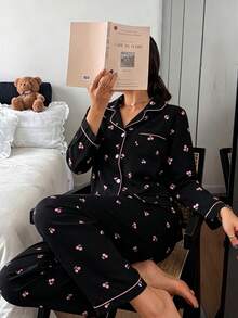 Dreamivo Bộ đồ ngủ dài tay in hình hoa anh đào màu hồng dành cho nữ - màu đen - Xem 3