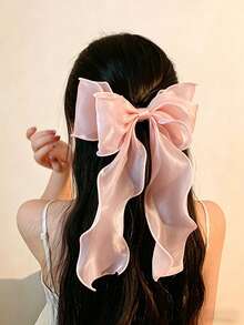 1pc Sweet Pink Princess Tulle Extra Large Bow Wave Ribbon Spring Clip, Elegant Soft Hair Accessory For Spring, Claw Clips,Hair Clip,Birthday - Pink - View 5