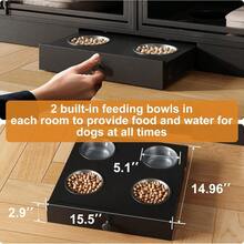 Mueble jaula para 2 perros – Jaula interior extra grande de 78,7'' con 4 cajones de almacenamiento, comederos, mueble para TV con doble jaula para perros – Casa moderna para mascotas - Negro repujado - Ver 3