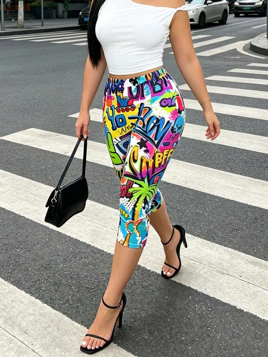 Colorful Graffiti Print Fitted Capri Pants, Personalized Letter Pattern, High Stretch Brushed Fabric, Spring/Summer - Multicolor - View 1