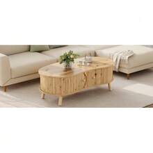 Pea-Shaped Coffee Table With Grooved Design, 2 Sliding Doors, Living Room Table, Wood Look, Solid Wood Legs, MDF Material - Natural - View 5