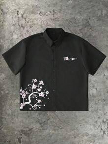 男士花卉图案短袖单排扣休闲衬衫 - 黑色 - 查看 1