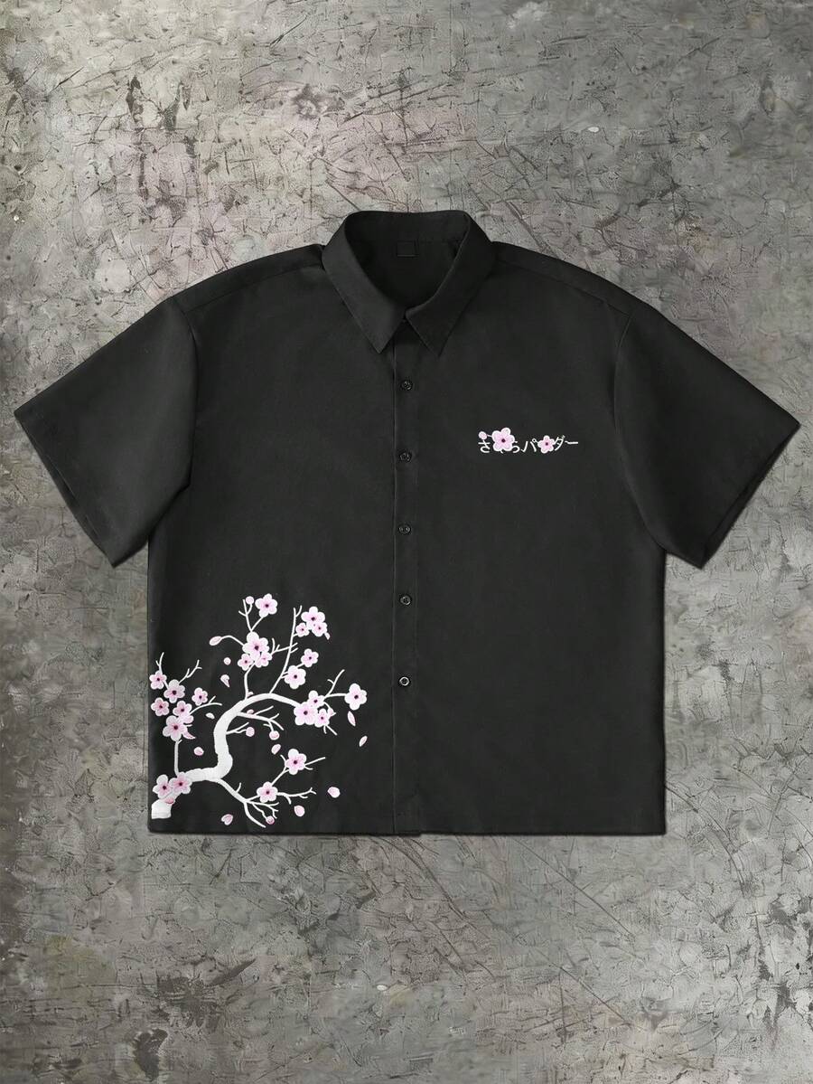 男士花卉图案短袖单排扣休闲衬衫 - 黑色 - 查看 1