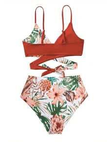 Vacation-Style Beach Women's Swimsuit With Printed Contrasting Colors And Cross-Tie Design At The Chest, Bikini Set - Brick Red - View 2