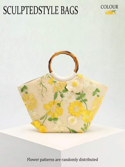 Colorblock Mesh Applique Embroidery Linen Tote Bag, Fresh & Fashionable Floral Decor Handbag, Vintage Bamboo Handle Shoulder Bag Suitable For Dress, Beach Holiday (Lace Applique Pattern Randomly Cut)