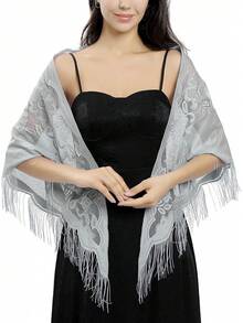 Ladiery Lace Shawls And Wraps Evening Dresses With Tassels Evening Party Mesh Wedding Shawls - Gray - 查看 3