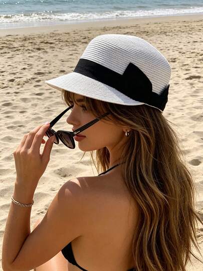 1 pièce Chapeau de paille pour femme, style bohème en polyester, couleur unie, protection solaire, respirant, vintage, convient pour un usage quotidien extérieur, la plage, les voyages