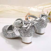 Kids Mary Jane Heels Glitter Dress Shoes Bow Party Princess Shoes Low Heel - Lấp lánh bạc - Xem 2