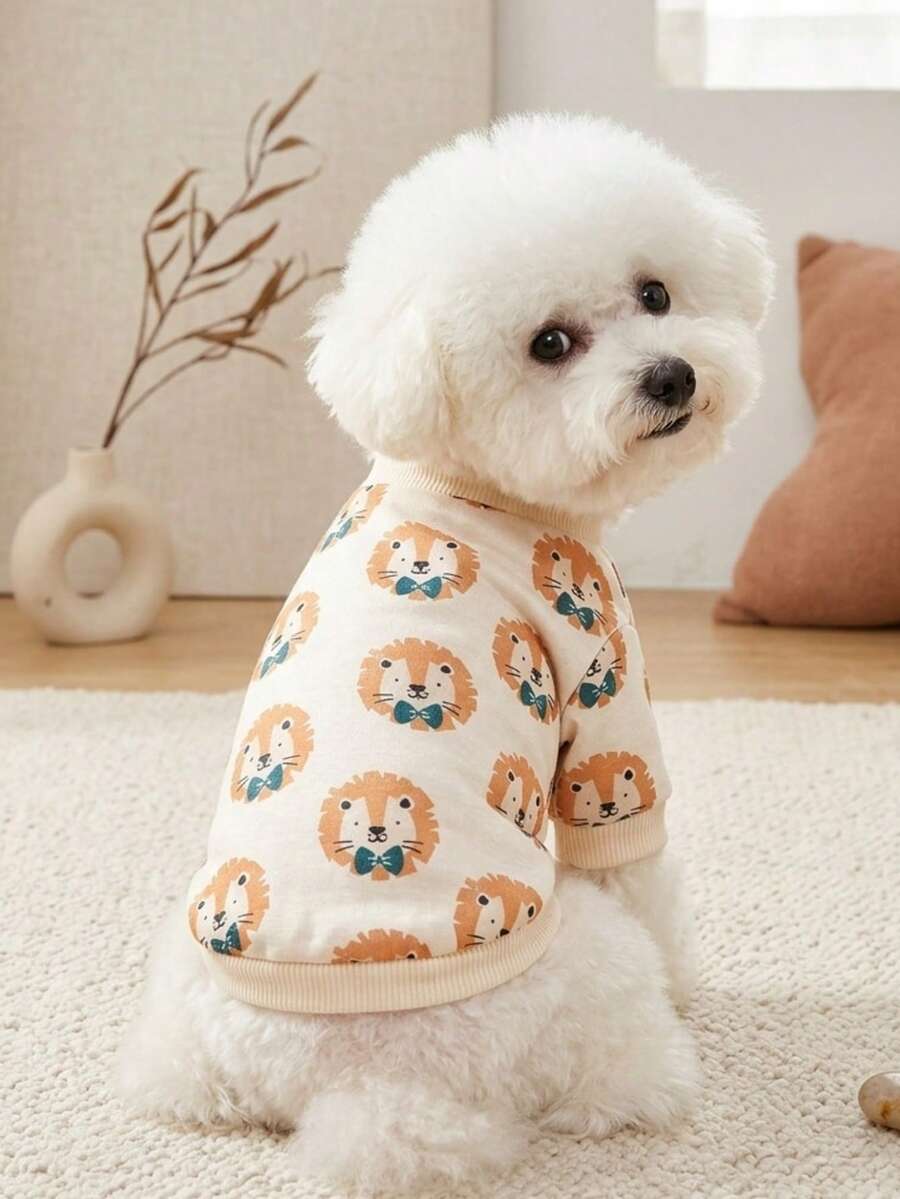 PETSIN 1 pieza Ropa para mascotas con estampado de león con lazo, piel beige amigable, transpirable - Multicolor - Ver 1