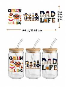 4 件装趣味老爸生活 UV DTF 贴膜（9.4x4.3 英寸），“穷光蛋老爸恐龙”、“一起过的第一个父亲节”、“女儿爸爸烧烤贴纸（适用于 16 盎司 Libbey 玻璃杯）”。 - DAD 02 - 查看 3