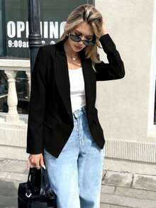 Women's Double-Breasted Lapel Blazer, Maxi Tailored Jacket With Button, Cinched Waist, . - 黑色 - 查看 4