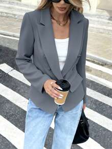 Women's Double-Breasted Lapel Blazer, Maxi Tailored Jacket With Button, Cinched Waist, . - 灰色 - 查看 2