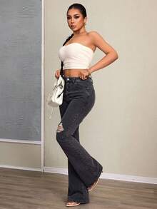 Black And Gray Washed Flared Denim Trousers With Rips, Mid-Rise, Slim Fit And Stretchy - Grey - View 5