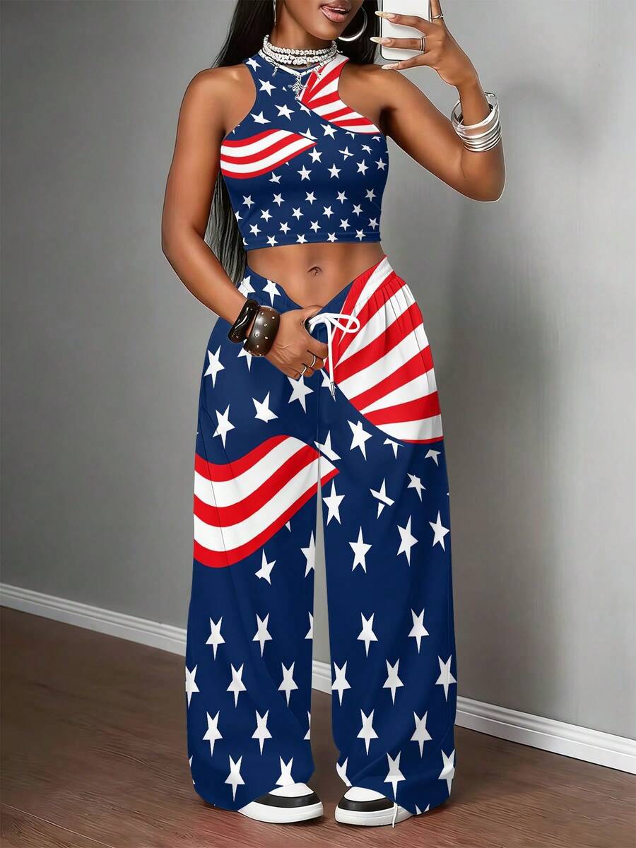 Women's Tank Top And Wide-Leg Pants Set American Flag Stars Stripes Pattern Fashionable Summer Clothing - phong cách - Xem 1