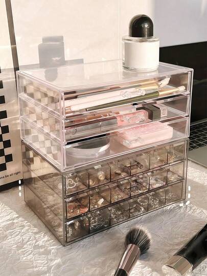 1pc 72-Slot Jewelry Organizer Box, Transparent Acrylic Jewelry Storage Box, Bathroom Organizer, Stackable Drawers For Desk, Bedroom Decor, Home Decor, Suitable For Earrings, Necklaces, Rings, Modern Style With Dividers, Lockable Plastic Jewelry Box, Ideal For Travel, Tabletop, Women Jewelry Storage, Elegant 72-Slot Jewelry Organizer: 3-Tier Drawer Storage Box, Compartment Tray - Transparent And Space-Saving