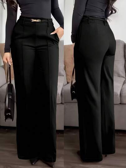 Jisfaneya Solid Color Zippered Pocket Suit Fabric Straight Leg Pants, Elegant For Commute, Office, Casual Wear, Versatile For Spring & Summer Black