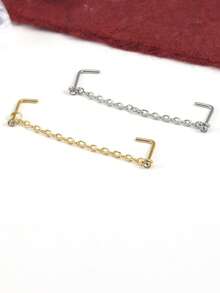 1pc Nose Chain With Rhinestone Decorated L-Shaped Stainless Steel Nose Stud Jewelry - Multicolor - View 5