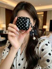 1pc Black 4 Case With Smooth White Polka Dot Pattern + Matching Pearl Strap Earphone Case Compatible With AirPods 1/2/3/Pro/Pro 2nd, Protective Cover - Black and White - View 4