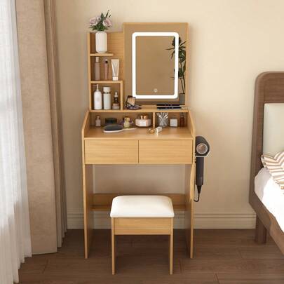 Modern Wooden Vanity Table/Dressing Table With LED-Lit Mirror, Power Outlet, Hairdryer Holder & Upholstered Stool / Ideal For Small Bedrooms, Apartments & Student Dormitories. Dimensions: W60/H130/D36 Cm