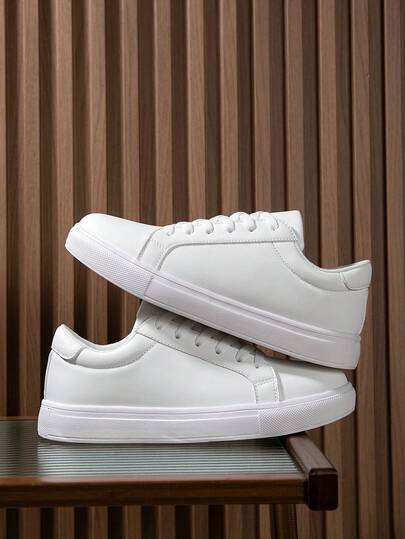 Men's Minimalist Front Lace-Up Sports Outdoor Skateboard Shoes, Fashionable Solid White Sneakers, Casual Trainers For Students And Outdoor Wear