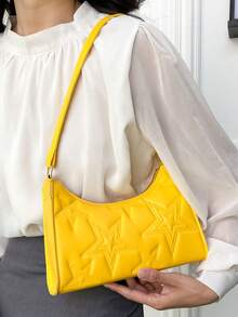 Solid Color Embossed Geometric Shoulder Bag - Yellow - View 3