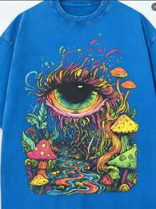 Summer Tops Men's  Eye And Mushroom Forest Pattern T-Shirt - Oversized Vintage Washed 100% Cotton T-Shirt, Vibrant 60s/70s Retro Print, Ultra-Soft And Breathable Fabric, Hip-Hop Street Style, Suitable For Festival Rave Outfits And Everyday Casual Wear - Magic Forest Loose And Comfortable Summer Clothes Spring Outfits For Women - Màu xanh lam - Xem 7