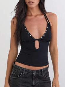 Women Studded Tank Top Silver Rivets Trim Crop Top Sleeveless Going Out Tops  Streetwear - Hitam 2 - View 2