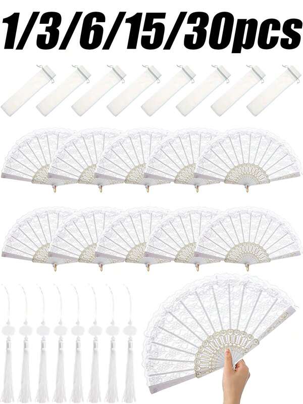 1/3/6/15/30pcs Chinese Retro Lace Folding Hand Fan, Decorative Fan Suitable For Wedding, Birthday, Church, Afternoon Tea And Other Occasions (Gold Version)