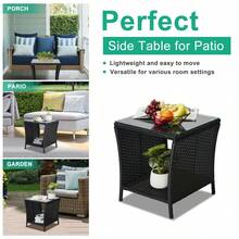 Small Garden Table, Rattan Patio Table With Glass Top & Shelf Under, Weatherproof For Indoor Outdoor, 46x46x50cm Brown - Black - View 5