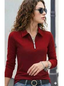 Women's Long-Sleeved Polo Shirt/Blouse - New Release. - Red - View 4