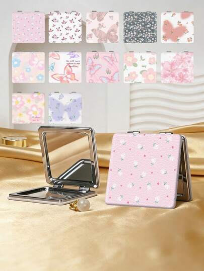 1个乡村英伦风碎花便携式折叠化妆镜，轻巧便携，采用耐用PU皮革材质，适合旅行、聚会、工作、学校等各种场合，老少皆宜。