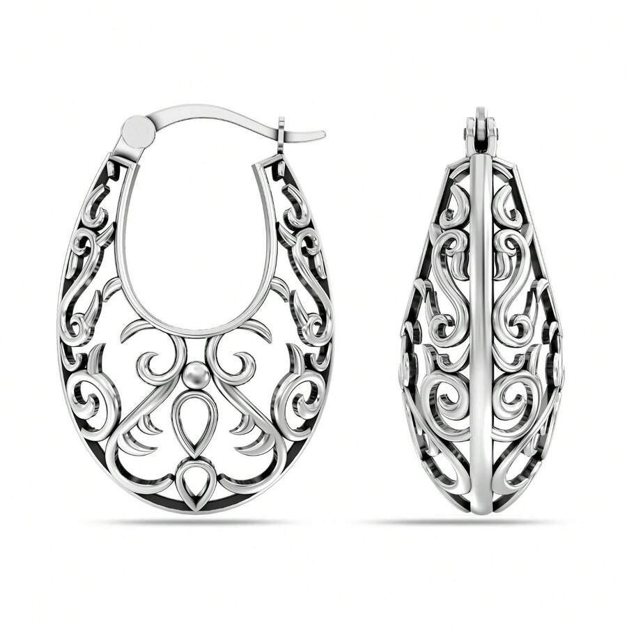 Women's Bohemian Style Hollow Vine Pattern Hoop Earrings, Nickel-Free Silver-Tone, Suitable For Daily Wear And Valentine's Day Gift - Antique Silver - View 1