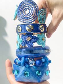 1 pieza Conjunto de pulsera de flor de resina azul con rhinestones, pulsera de brazalete ancho exagerado - Multicolor - Ver 8