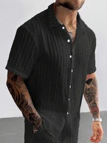 Camisa casual de vacaciones para hombres, camisa de polo de manga corta de unicolor con textura a rayas de alta calidad, adecuada para el uso en verano, adecuada para citas en pareja, adecuada como regalo del Día del Padre - Negro - Ver 3