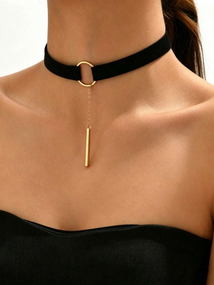 1条黑色仿麂皮圆形颈链，带链条吊坠，女士夏季哥特式项链 - 彩色 - 查看 1