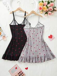 2pcs Women's Valentine's Day Summer Set - Romantic Style, Heart Print, Ruffle Hem And Bow Decoration; Soft Nightgown - Multicolor - View 3
