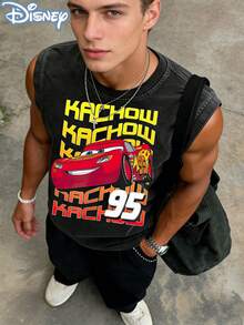 Disney Cars Lightning McQueen Kachow Repeating Officially Licensed Men's Sleeveless Graphic Tee, 100% Cotton 230g Washed Vintage Streetwear Shirt - 黑色 - 查看 1