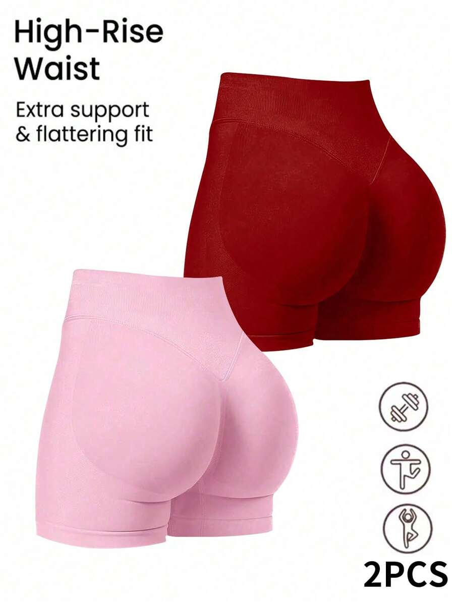2pcs/Set Women High Waist Solid Color Seamless Elastic Yoga Fitness Outdoor Sports Shorts - Multicolor - View 1