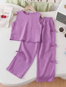 Bộ đồ đôi 2 món màu tím họa tiết thường ngày cho bé gái - Áo tank top không tay lưng họa tiết bướm + Quần ống rộng họa tiết bướm bên hông, bộ đồ mùa hè thoải mái và thoáng khí. - Màu tím - Xem 2