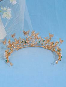 1pc Elegant Women's Colorful Crystal Crown Hair Accessory, Butterfly & Floral Decor, Luxurious Zinc Alloy Bridal Tiara,Travel,Birthday, Coronas, Headpiece - Green - View 5