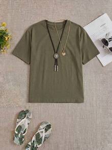 Ensemble pyjama 2 pièces, t-shirt à manches courtes rayé et short décontracté pour hommes, tenue de détente confortable - Militaire verte - Voir 4